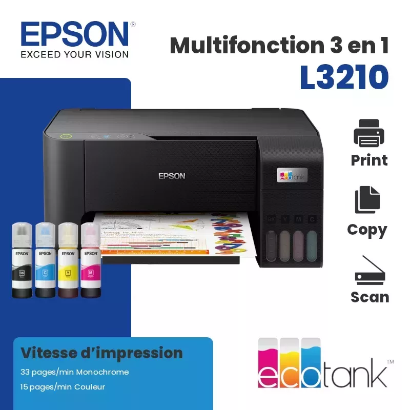 IMPRIMANTE A RESERVOIR INTEGRE EPSON ECOTANK L3210 3EN1 COULEUR